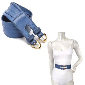 Vintage Wide Double Buckle Leather Belt 1990s Retro Summer Blue Gold